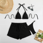 Three piece swimsuit bikini with neck tie and split flat angle pants - Classyfashion24.com