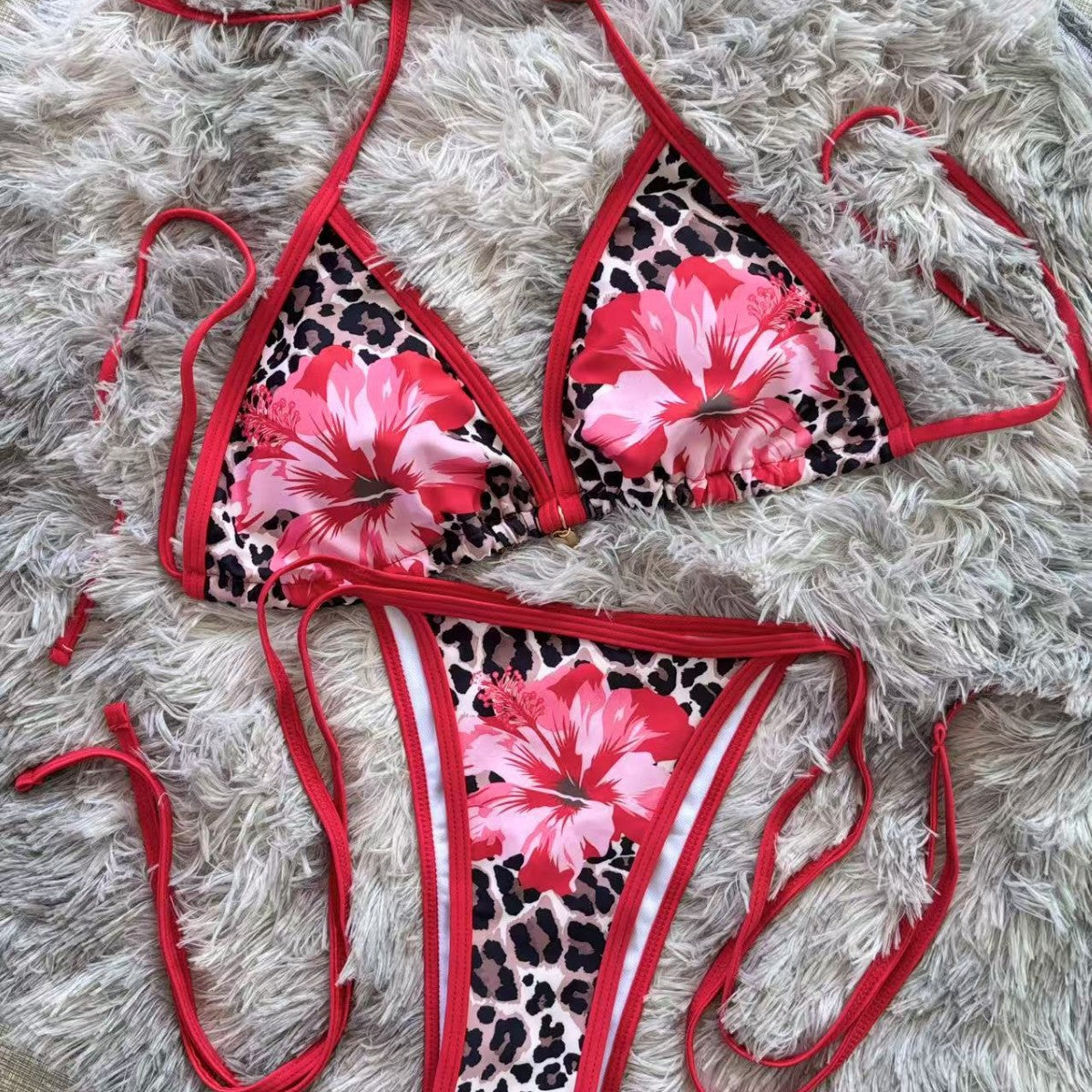 Leopard Print Red Flower Bikini Tie-Up Two-Piece Swimsuit Bikini Export - Classyfashion24.com