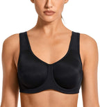 Women's Max Control Underwire Sports Bra High Impact in black, featuring wide straps and a supportive underwire design.