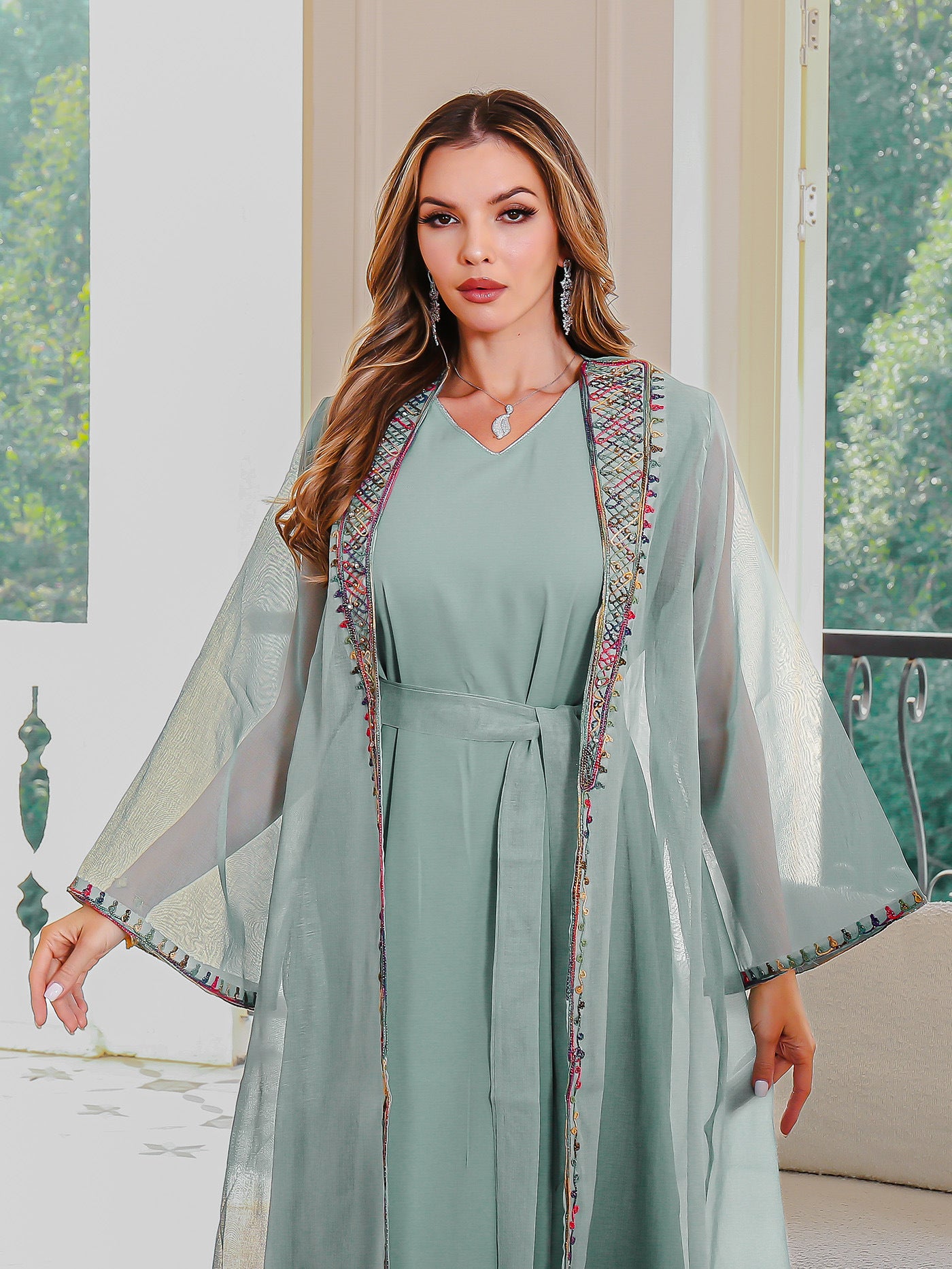 Muslim Two-Piece Dress Set Embroidered Mesh Long Dress Elegant Women's Maxi Dress - Classyfashion24.com