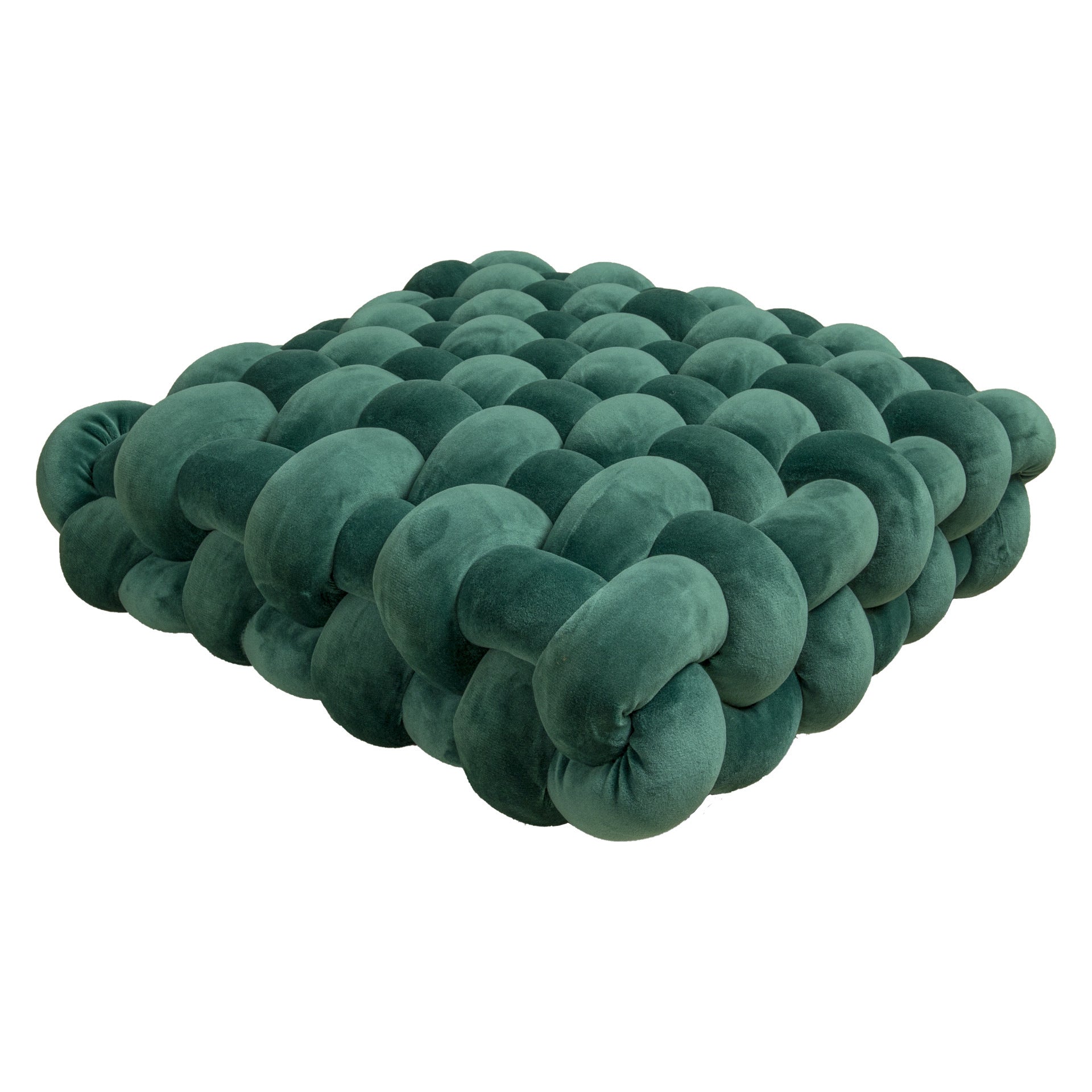 Square woven plush seat cushion in deep green, featuring a textured, padded design, ideal for sofas or bay windows.