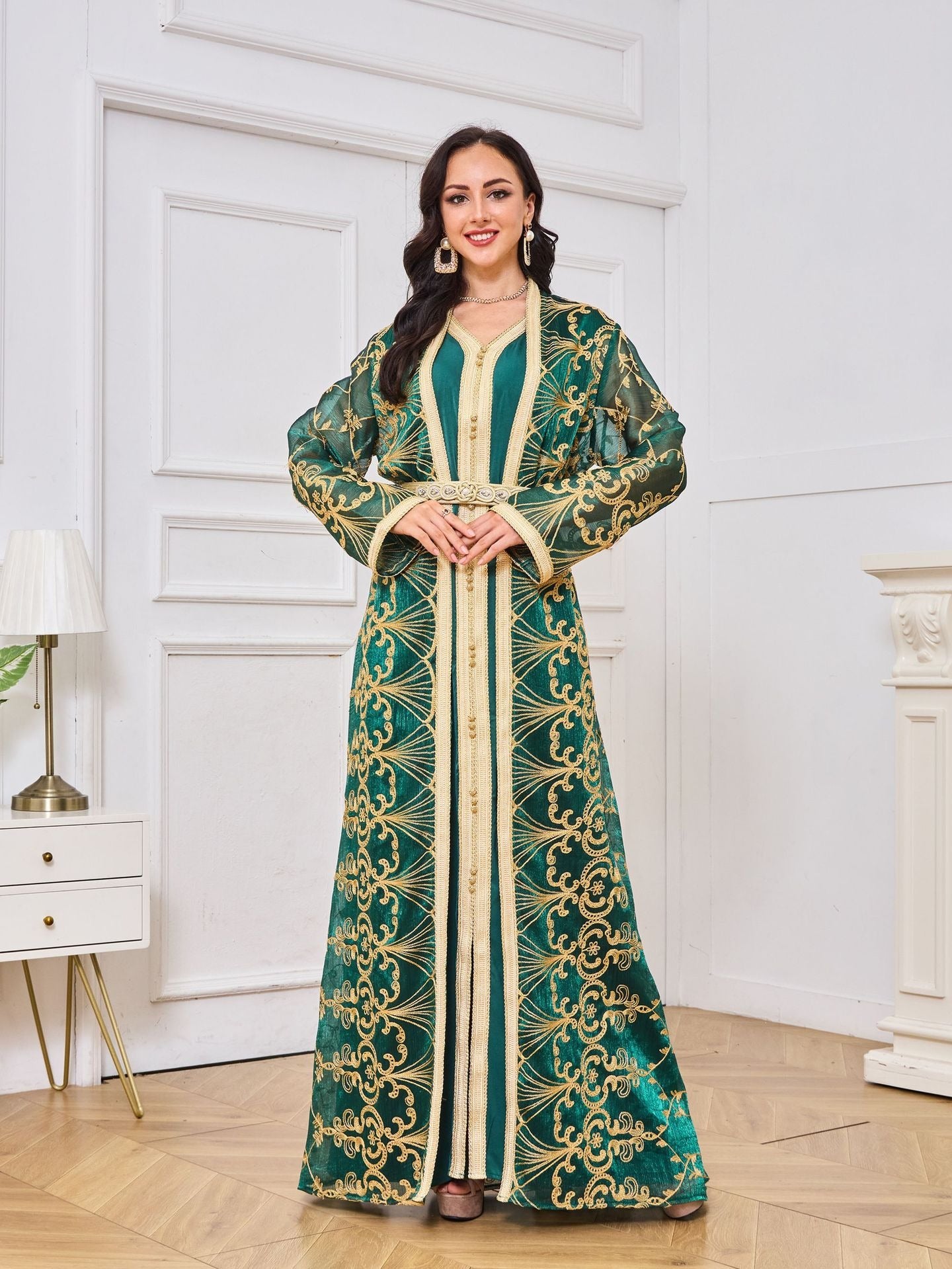 Muslim robe women's embroidered long cardigan two-piece set temperament dress - Classyfashion24.com