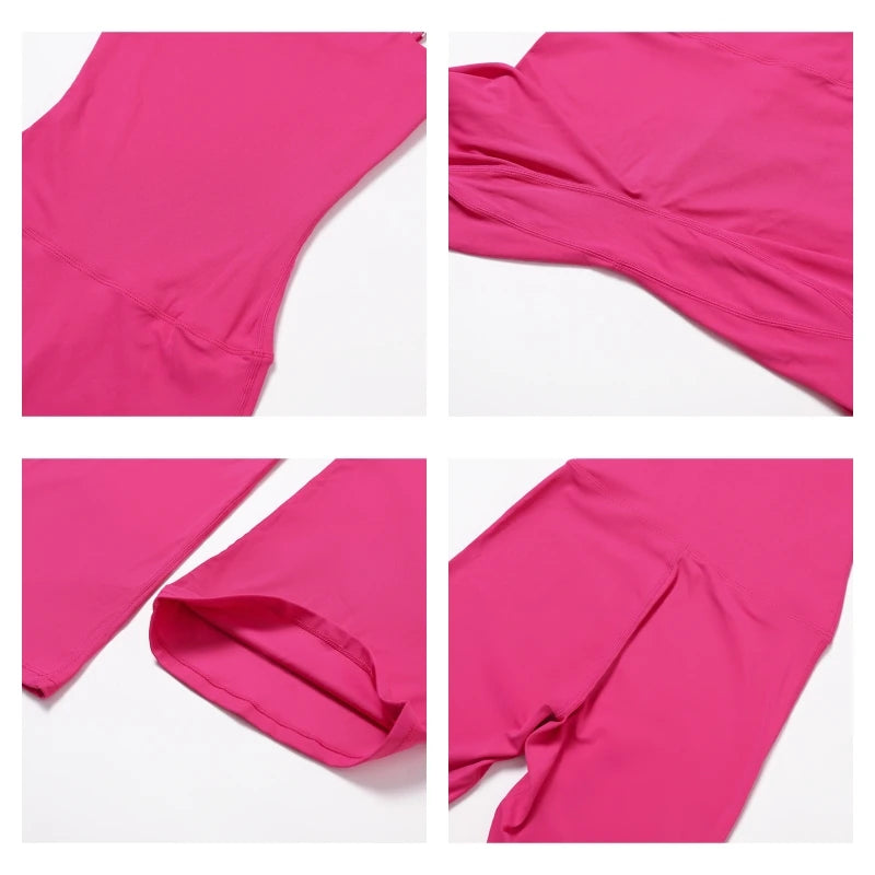 Pink one-piece yoga suit featuring bell bottoms, stretchy fabric, and a fitted design for women's fitness and workouts.