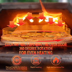 Portable 12" Wood-Fired Outdoor Pizza Oven with rotating turntable, showcasing flames and features for even heating.