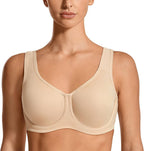 Beige Women's Max Control Underwire Sports Bra High Impact by classyfashionz, featuring wide straps and a smooth design.