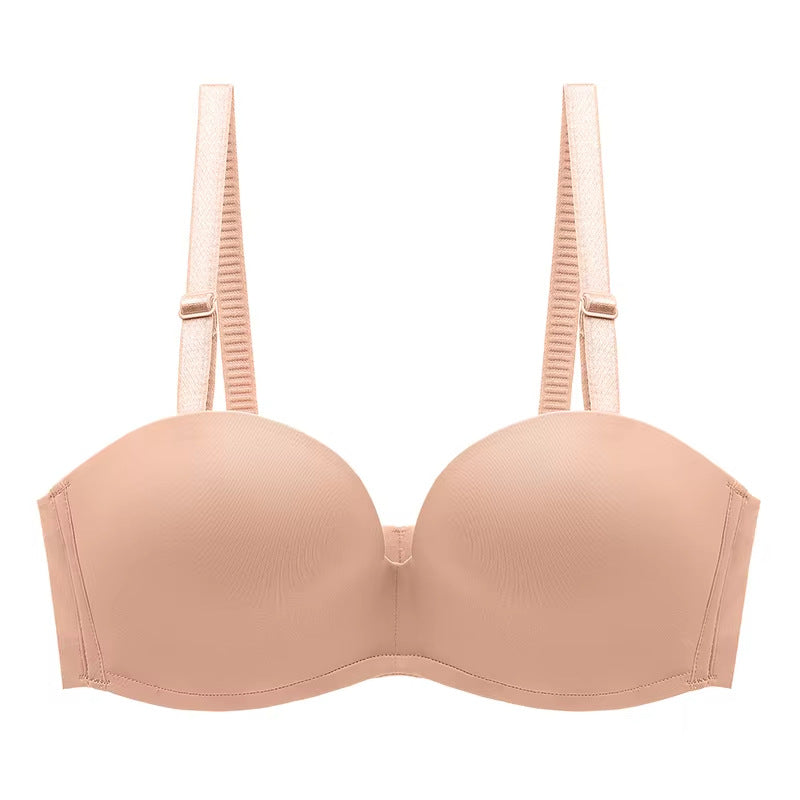 Women's Seamless Anti-Slip Gathered Comfort Bra in nude color with smooth cups and adjustable straps.
