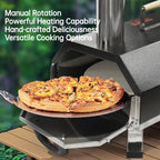Portable 12" Wood-Fired Outdoor Pizza Oven with a rotating turntable and a pizza inside, set on a wooden surface.