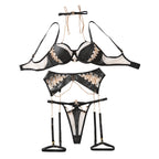 Women's Leather & Metal Chain Motorcycle Inspired Bra Set featuring black leather, sheer panels, and gold chain accents.