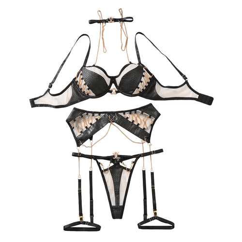 Women's Leather & Metal Chain Motorcycle Inspired Bra Set featuring black leather, sheer panels, and gold chain accents.