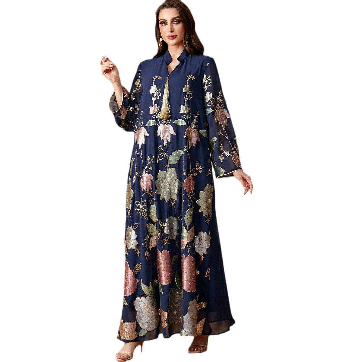 Muslim Middle Eastern Sequin Embroidered Women's Long Robe Fashion Tassel Dubai Dress - Classyfashion24.com