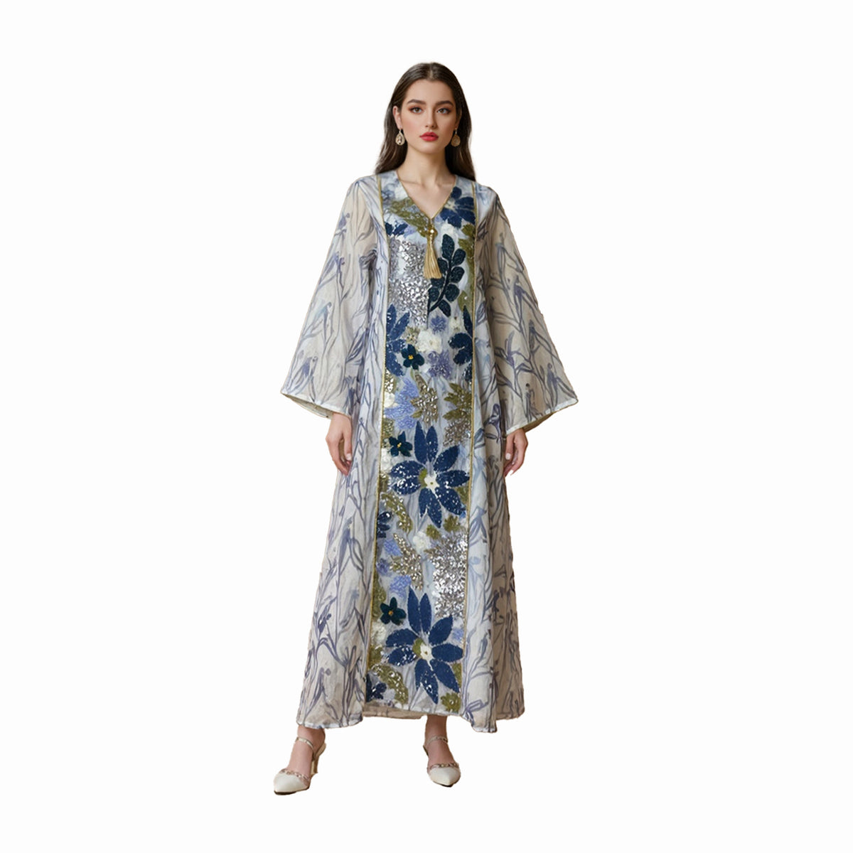 Muslim Dubai Dress for Women, Arabic Clothing, Middle Eastern Printed Sequin Long Robe - Classyfashion24.com