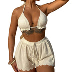 Three piece swimsuit bikini with neck tie and split flat angle pants - Classyfashion24.com