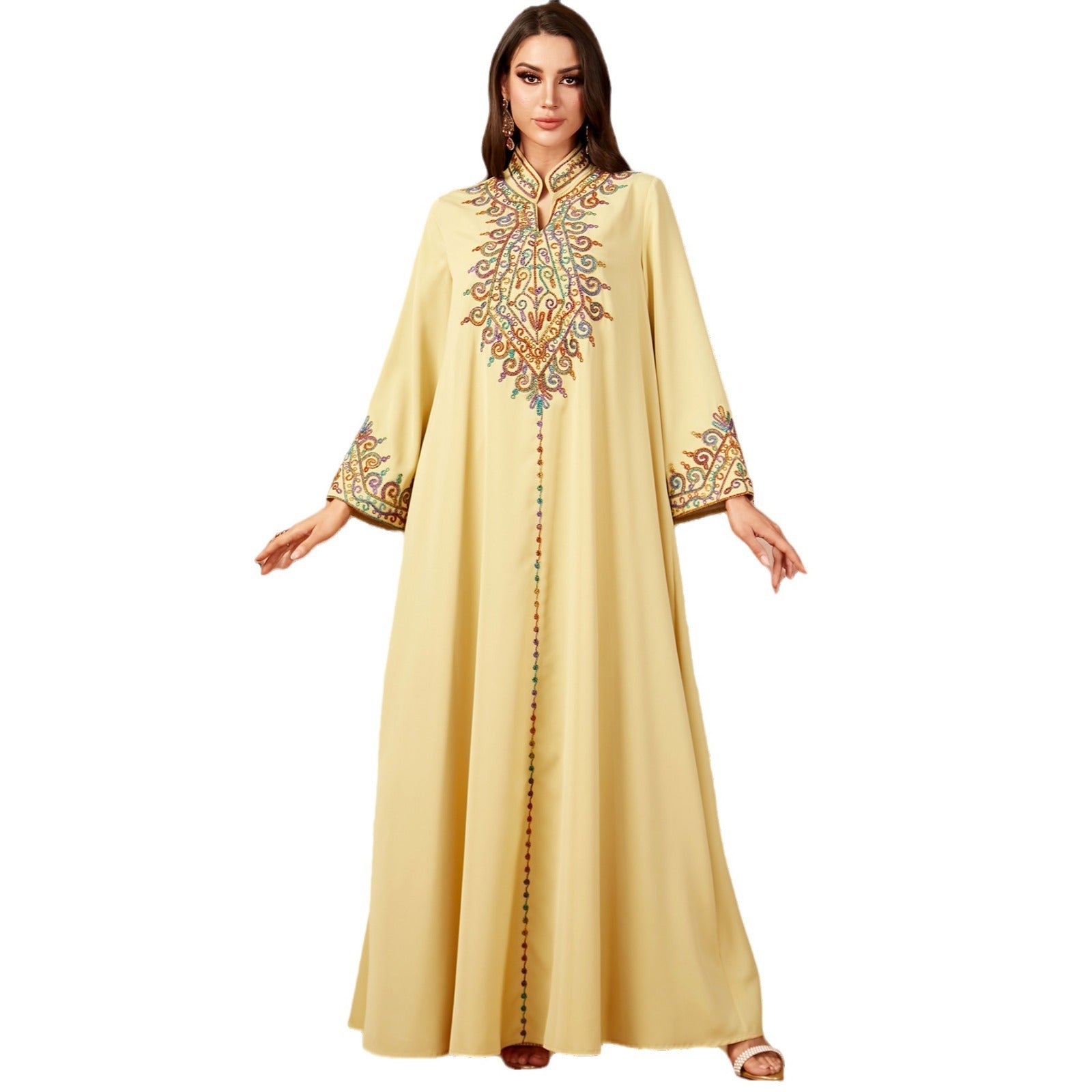 Middle Eastern Cross-border Long Robe Muslim Embroidered V-neck Dress Arabic Dubai Jalabiya Long Robe - Classyfashion24.com
