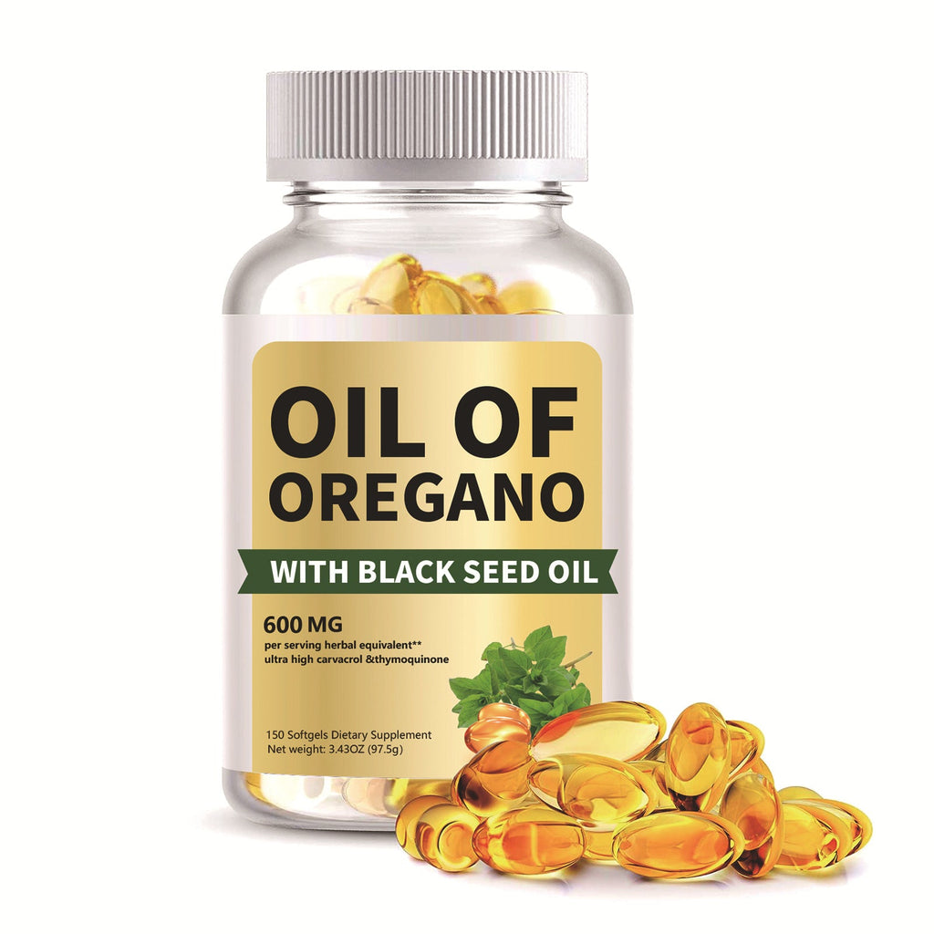 Bottle of Oil of Oregano softgels 150 count on white background.