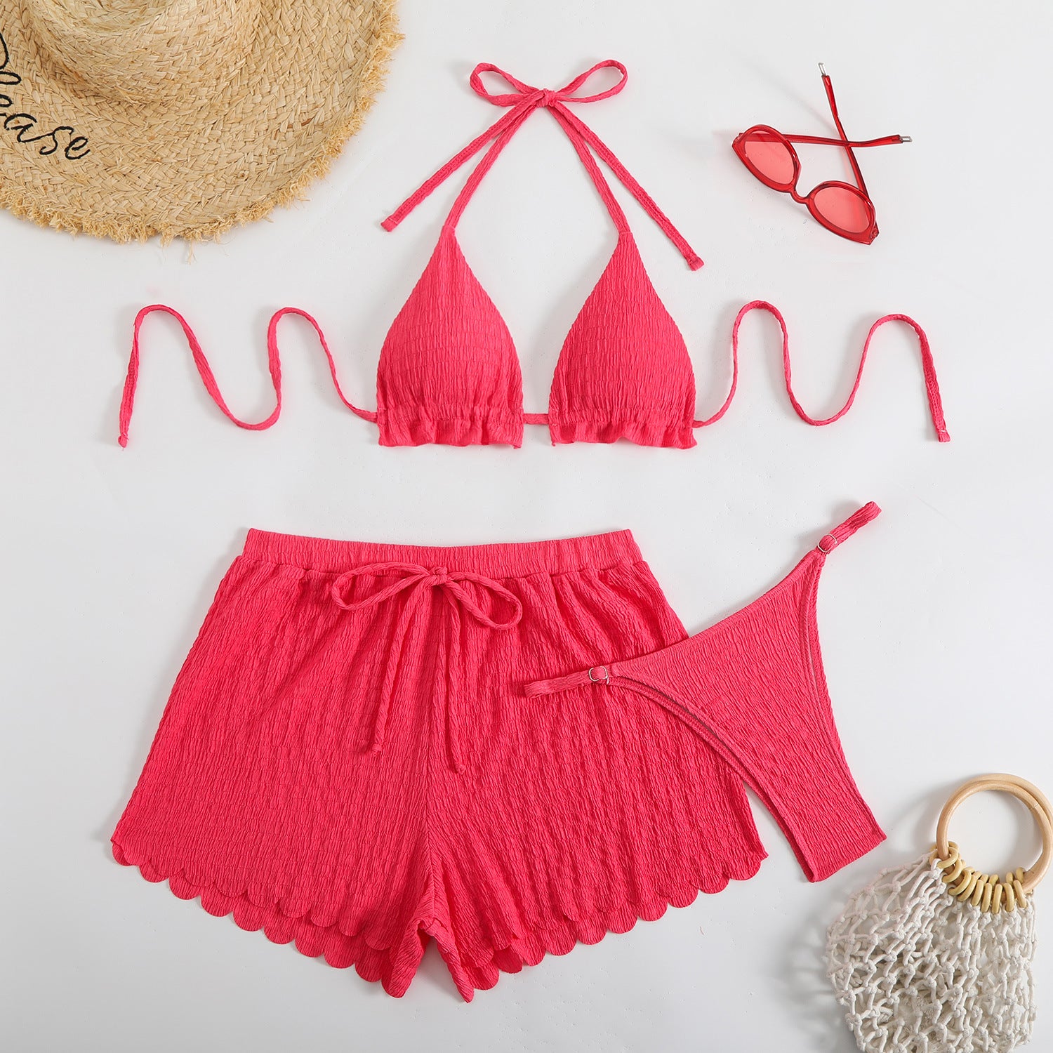 Three piece swimsuit bikini with neck tie and split flat angle pants - Classyfashion24.com