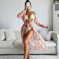 Printed long sleeved sunscreen three piece bikini set - Classyfashion24.com