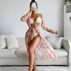 Printed long sleeved sunscreen three piece bikini set - Classyfashion24.com