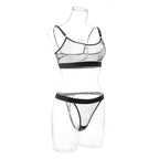 Sexy Women's Mesh Printed Underwear Bra Sex Set featuring a sheer mesh bra and matching thong in black and white.