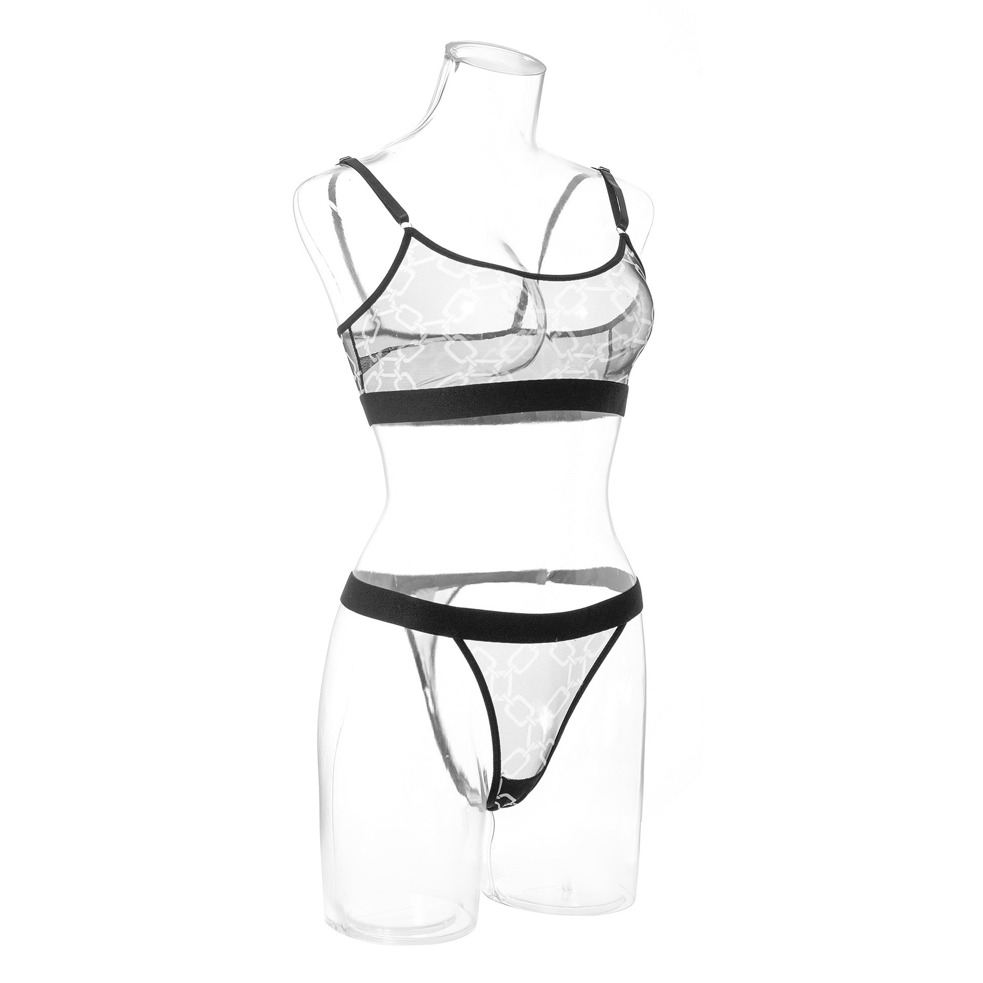 Sexy Women's Mesh Printed Underwear Bra Sex Set featuring a sheer mesh bra and matching thong in black and white.