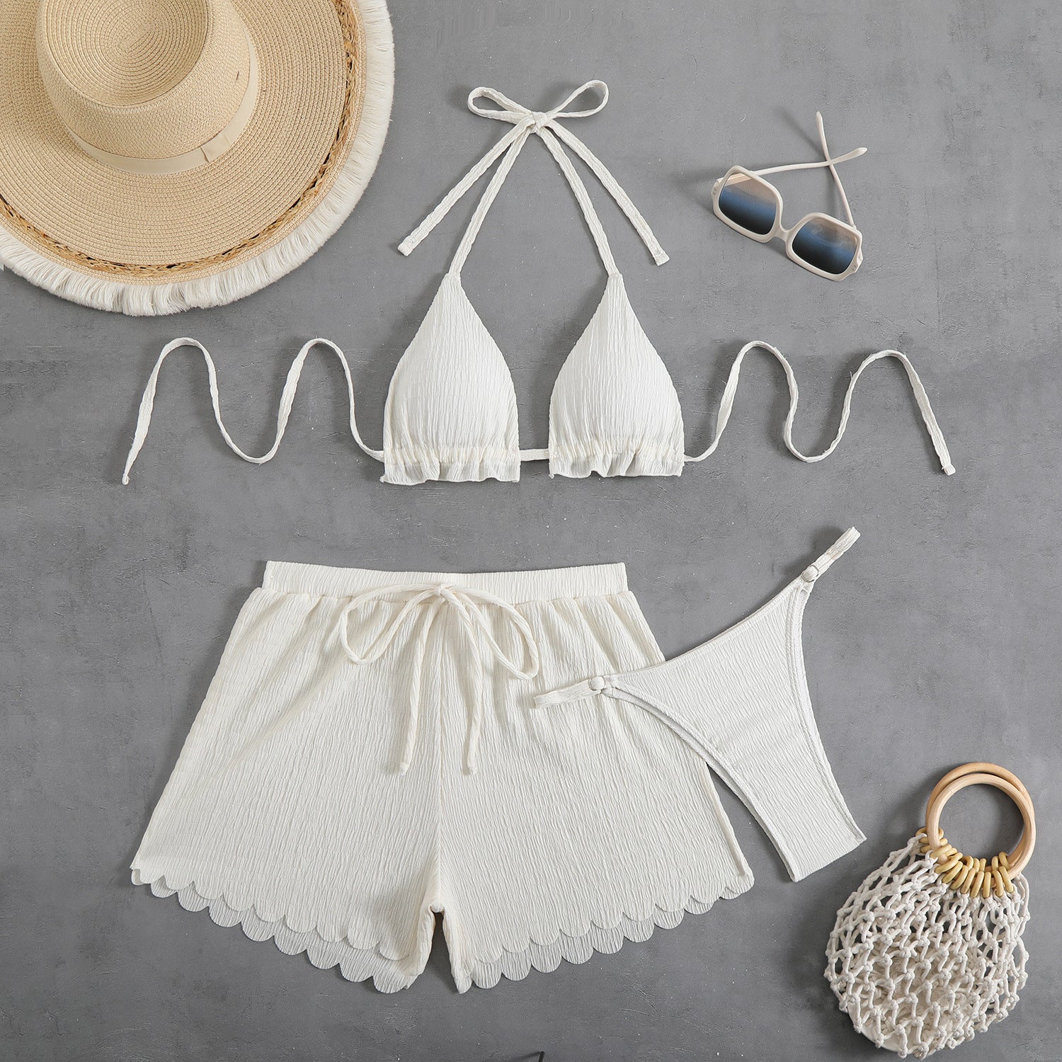 Three piece swimsuit bikini with neck tie and split flat angle pants - Classyfashion24.com