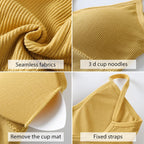 Yellow sports vest bra featuring seamless fabrics, 3D cup noodles, removable cup mat, and fixed straps. Ideal for comfort.