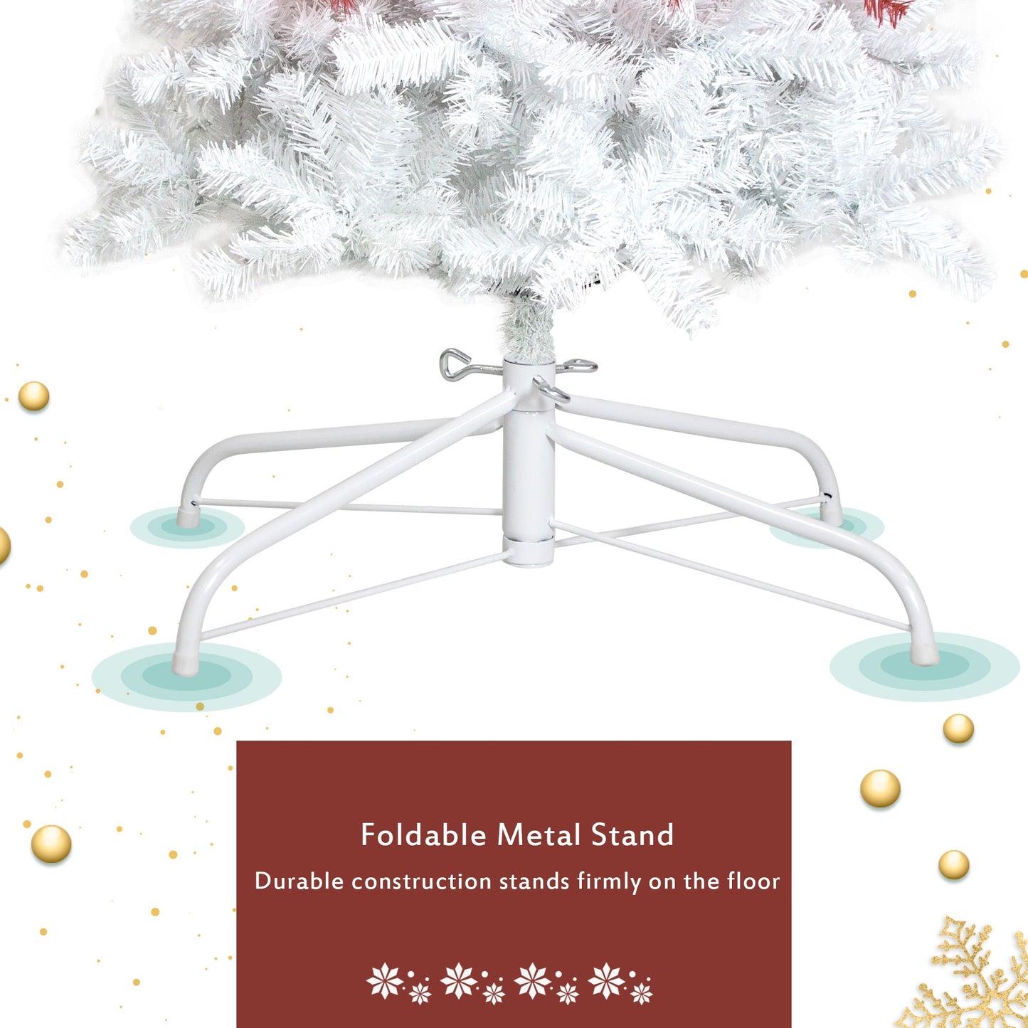 Close up detail of lush red PVC branches and pre-lit LED lights on whimsical tree