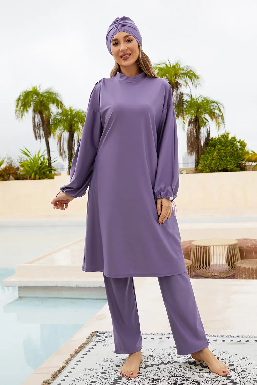 Cap, Drawstring Mock Neck Long Sleeve Top and Pants Swim Set - Classyfashion24.com