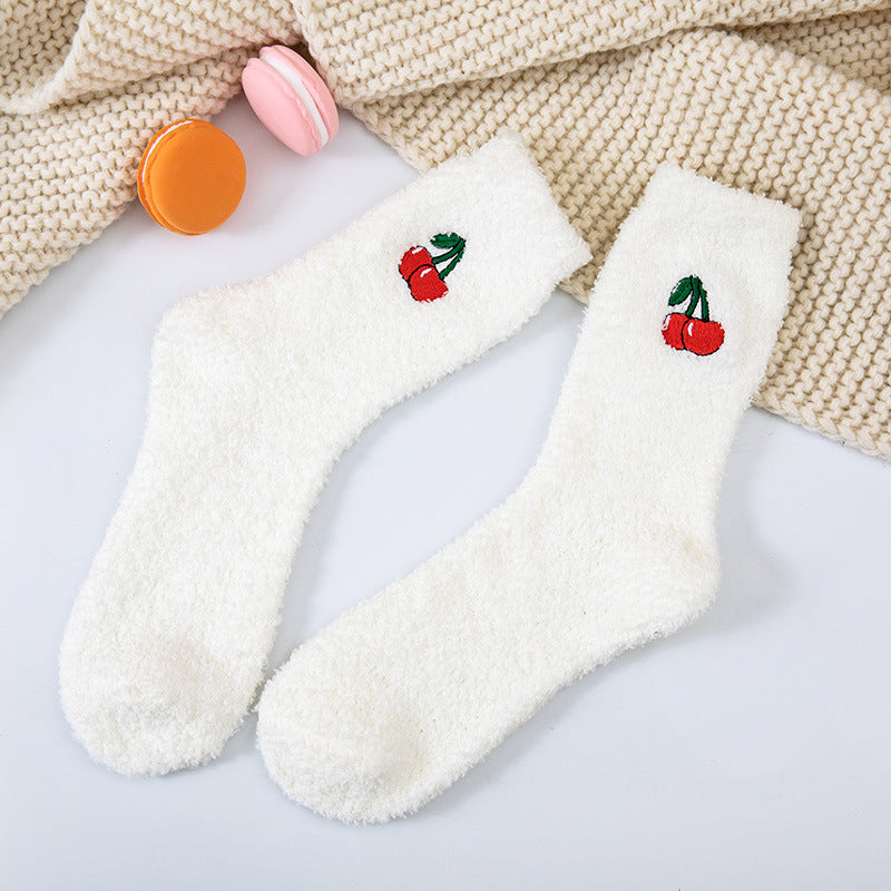 Coral velvet socks embroidered with fruits