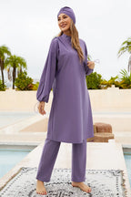 Cap, Drawstring Mock Neck Long Sleeve Top and Pants Swim Set - Classyfashion24.com