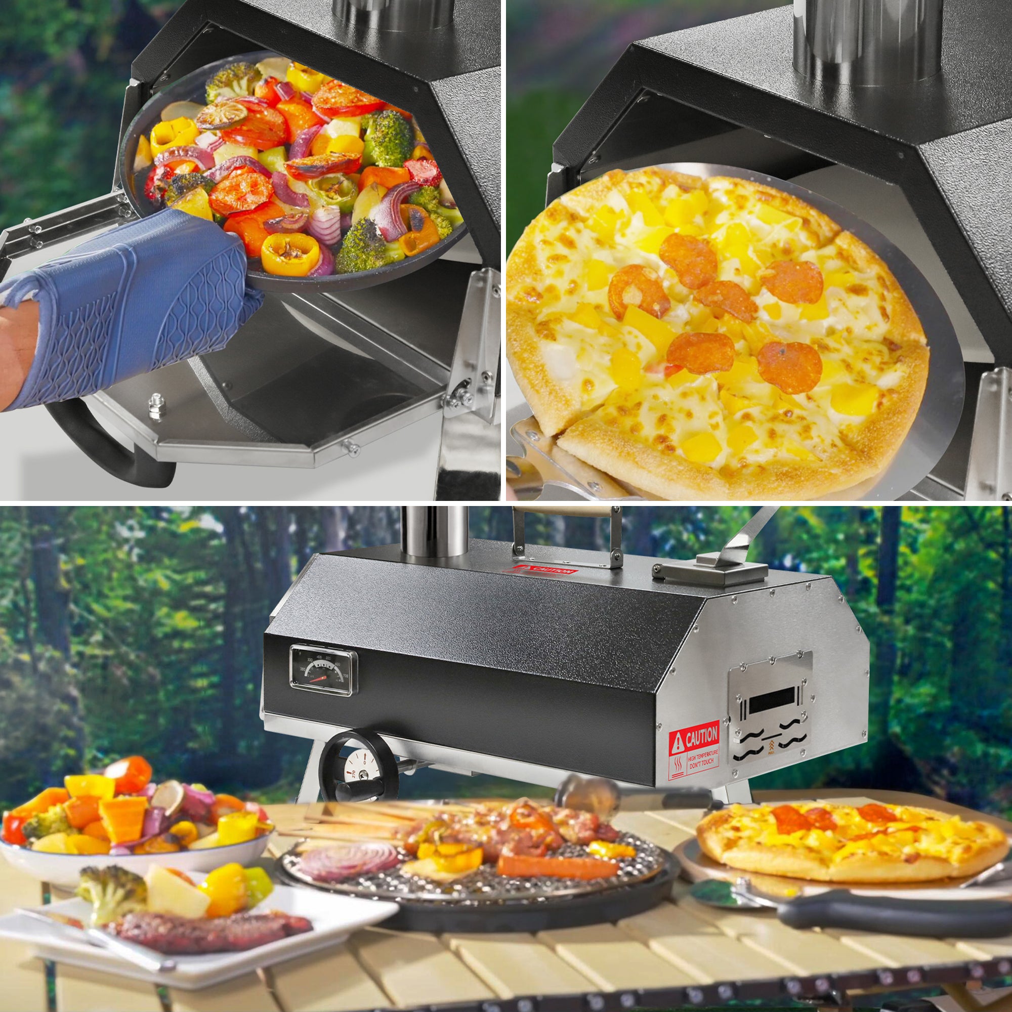 Portable 12" Wood-Fired Outdoor Pizza Oven with Rotating Turntable, featuring cooking pizza and vegetables outdoors.