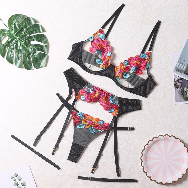 Embroidered Lingerie Garter Set for Women