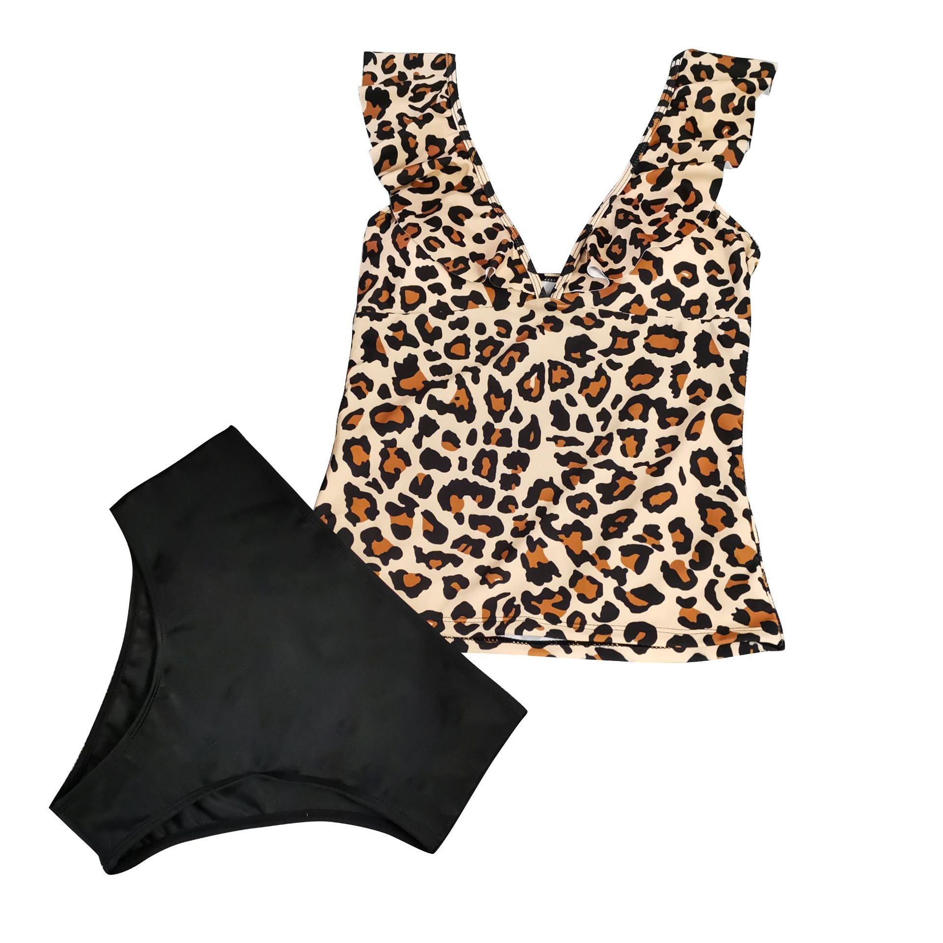 Leopard print V-neck flying edge split high waisted swimsuit - Classyfashion24.com