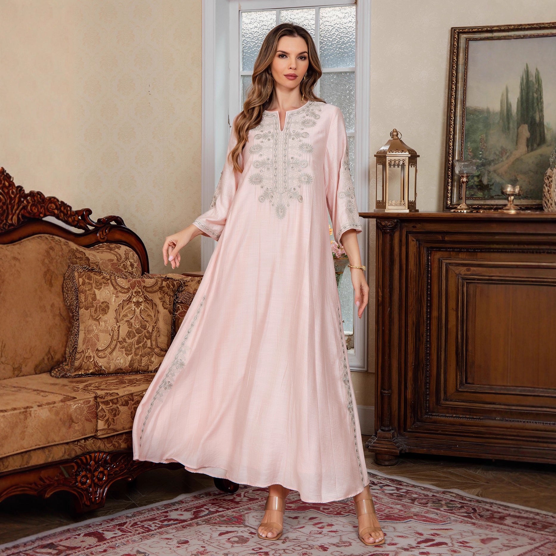 Middle Eastern Muslim Women's  with Rope Embroidery Dubai Long Dress Evening Gown, Arabic Saudi Embroidered Kaftan - Classyfashion24.com