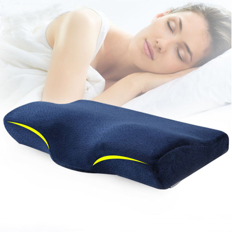 Cervical Pillow by classyfashionz featuring a contoured design for neck support, shown with a woman sleeping peacefully.