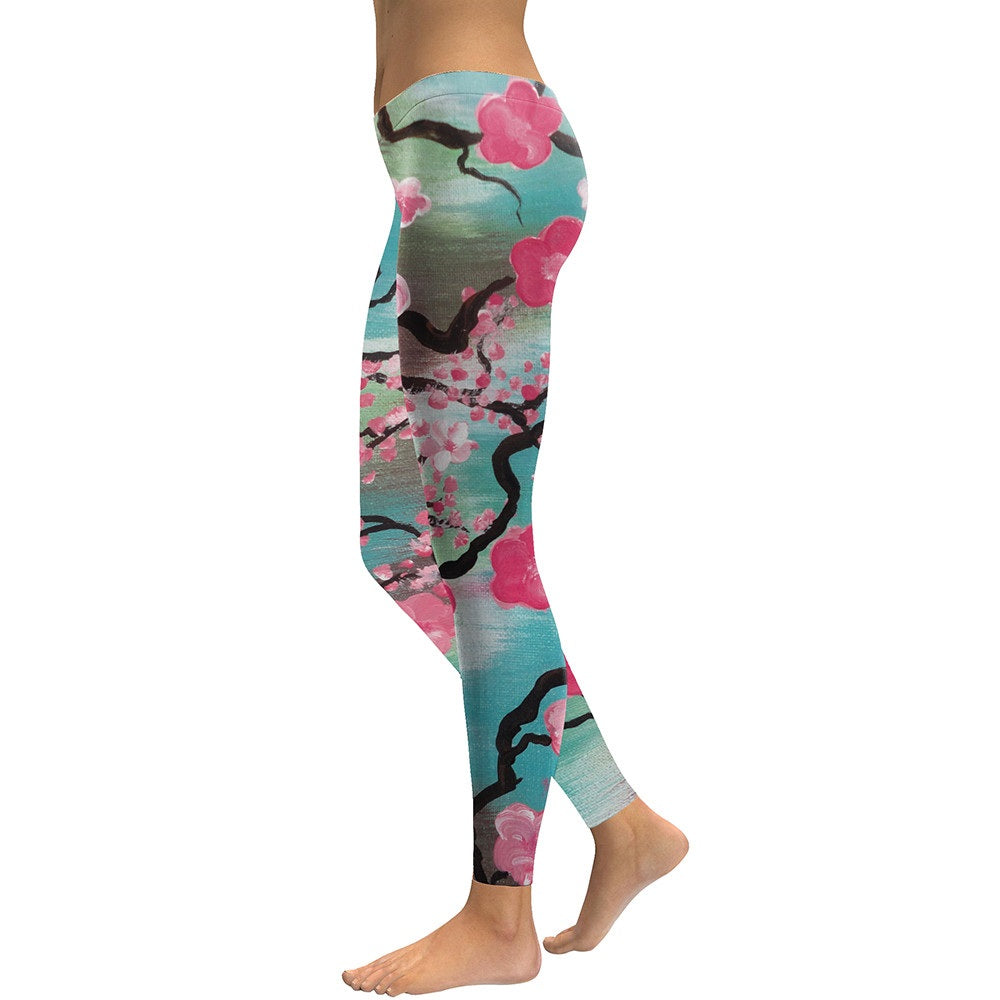 Pink Plum Blossom Leggings – Digital Print High Waist Fitness Workout Pants