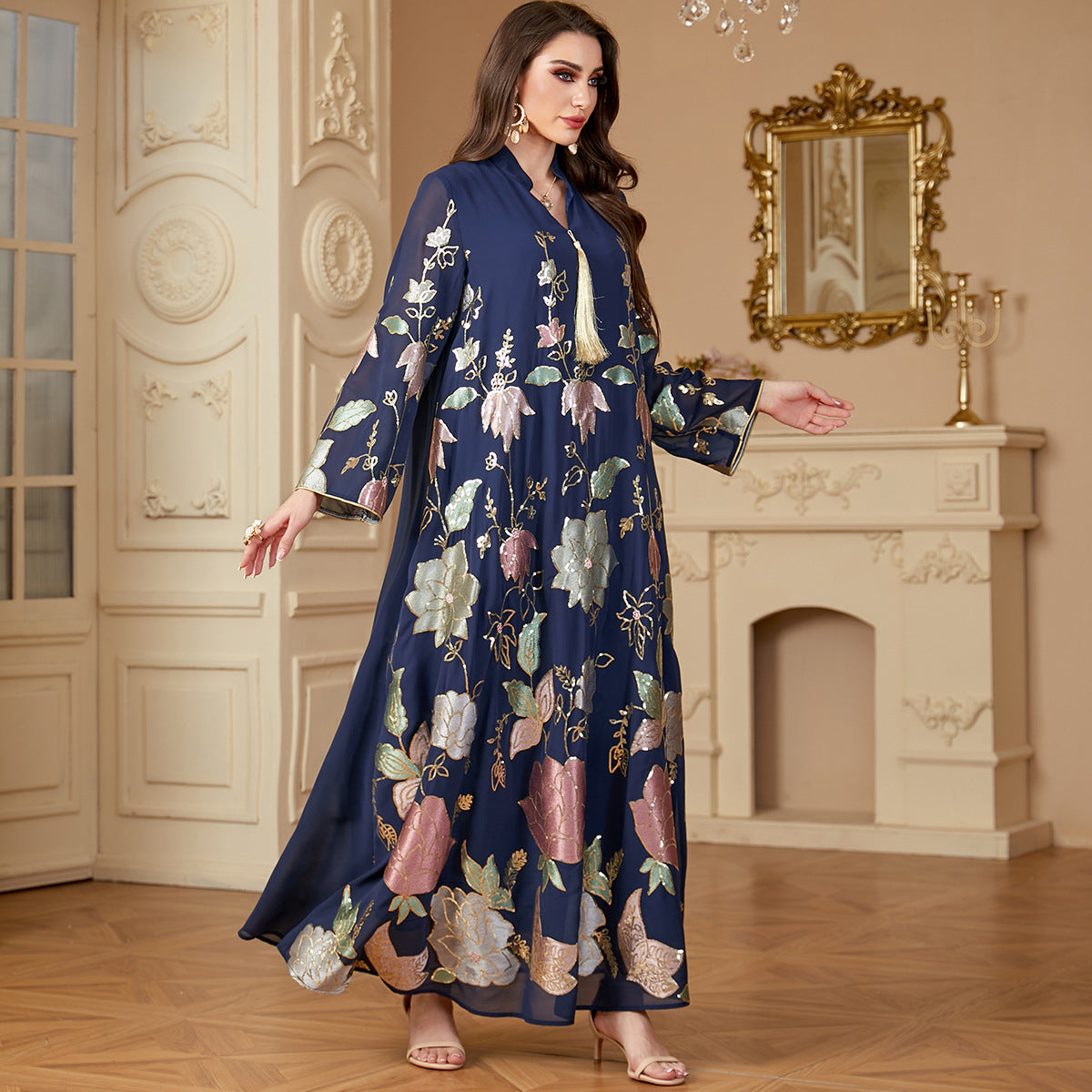 Muslim Middle Eastern Sequin Embroidered Women's Long Robe Fashion Tassel Dubai Dress - Classyfashion24.com