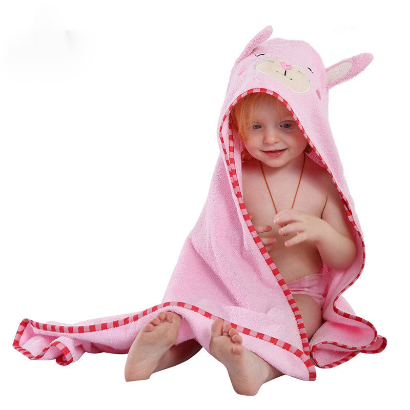 100% Premium Cotton Animal Hooded Bath Towel & Bathrobe for Toddlers in pink with bunny ears, featuring a child playing.