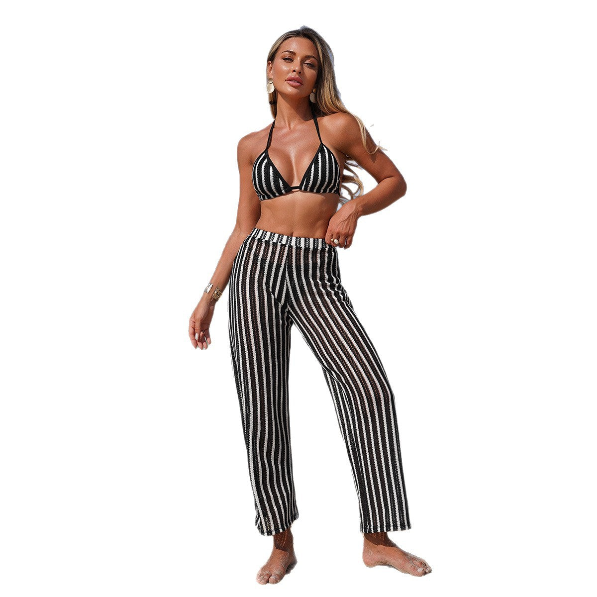 Women's Bikini Split Leggings Striped Swimsuit Three-Piece Set