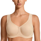Women's Max Control Underwire Sports Bra High Impact in nude color, featuring wide straps and supportive underwire design.