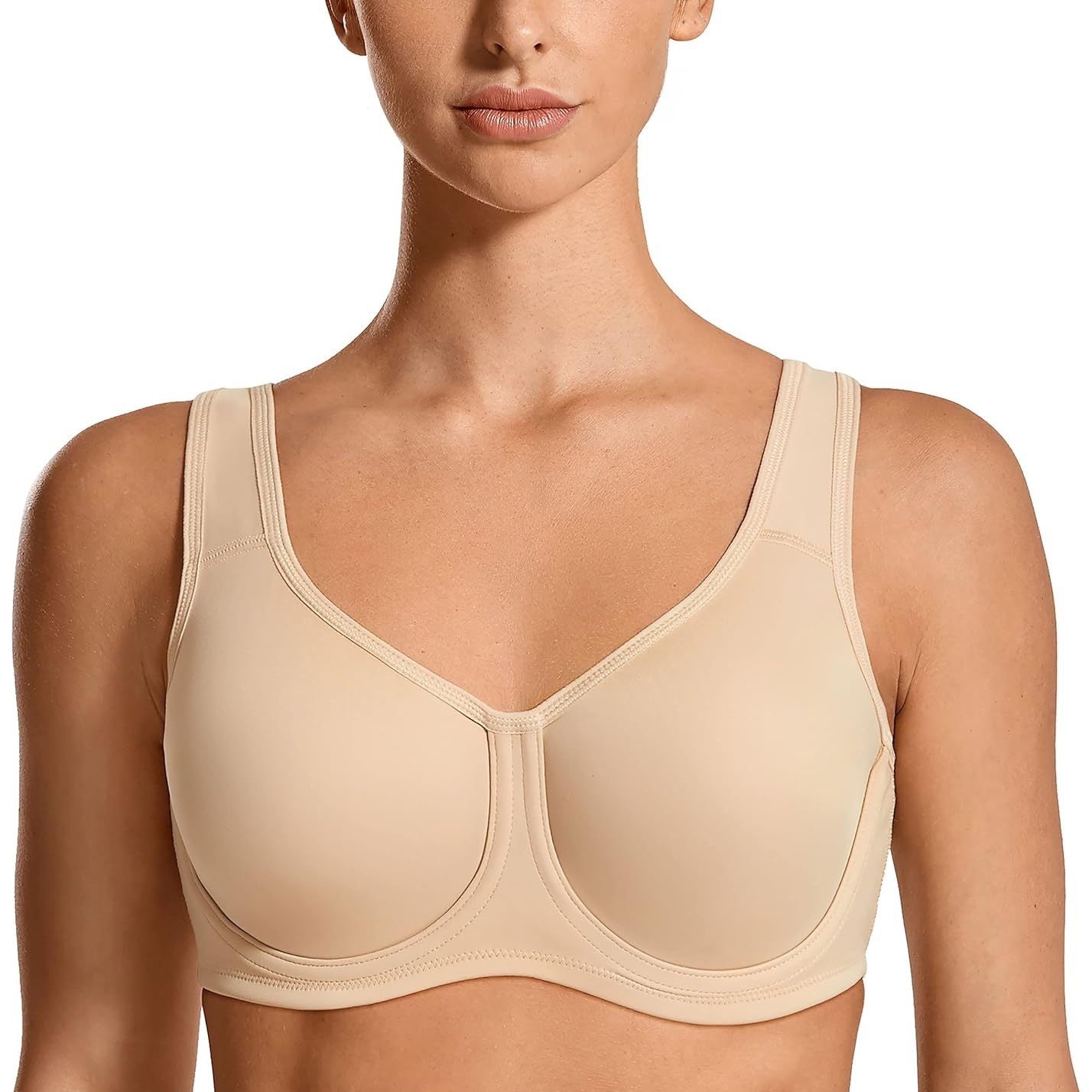 Women's Max Control Underwire Sports Bra High Impact in nude color, featuring wide straps and supportive underwire design.
