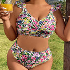 Plus Size Swimwear Floral Ruffle Push-Up Bikini Set for Women - Classyfashion24.com