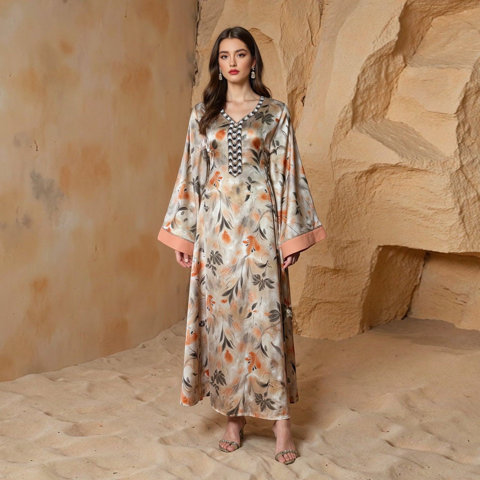 Elegant Printed Abaya Long Dress Muslim Fashion Dubai Style Middle Eastern Clothing - Classyfashion24.com