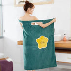 Wearable Coral Fleece Bath Towel Dress in teal with a yellow flower design, featuring shoulder cutouts and a button closure.