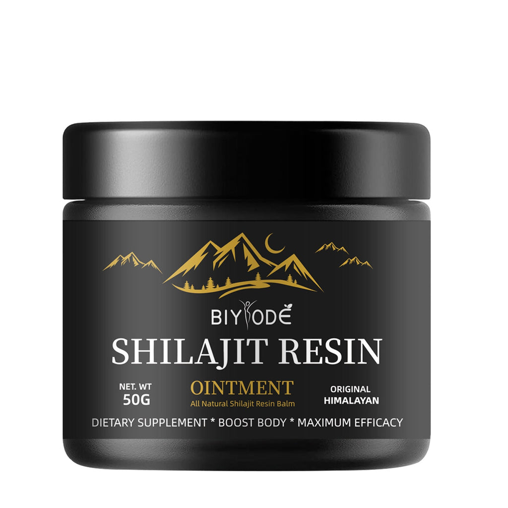 Open jar of premium Shilajit resin paste 50g showing dark mineral texture.