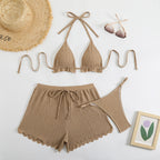 Three piece swimsuit bikini with neck tie and split flat angle pants - Classyfashion24.com