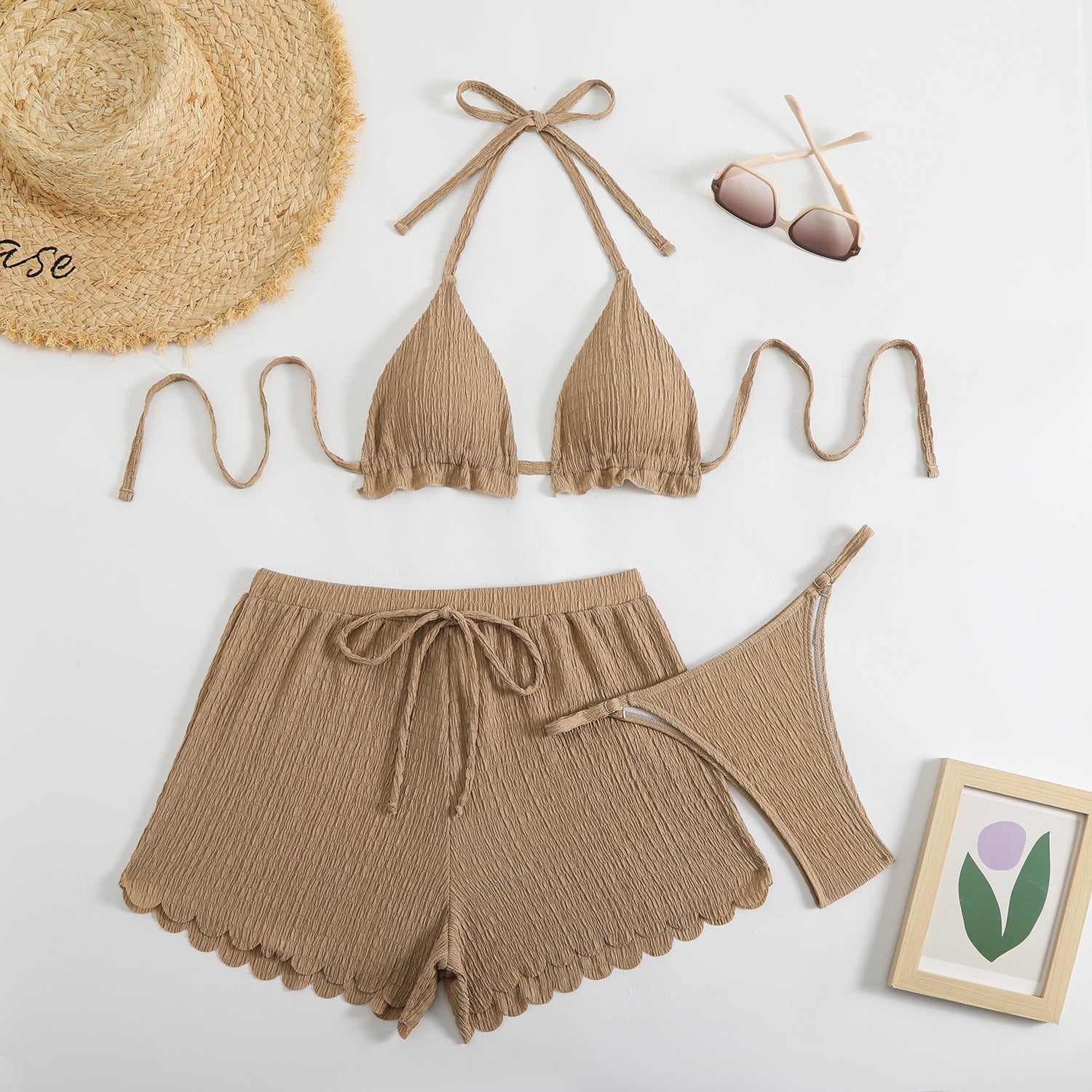 Three piece swimsuit bikini with neck tie and split flat angle pants - Classyfashion24.com