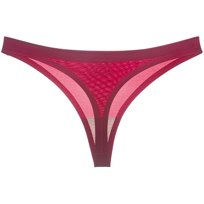 Women's transparent ice silk low waist seamless G-string briefs in a deep burgundy color. Elegant and sexy design.