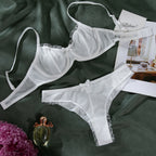 Cute 3-Piece Mesh Lingerie Set with Butterfly Knot Detail in white, featuring a bra and matching thong, styled with ruffles.