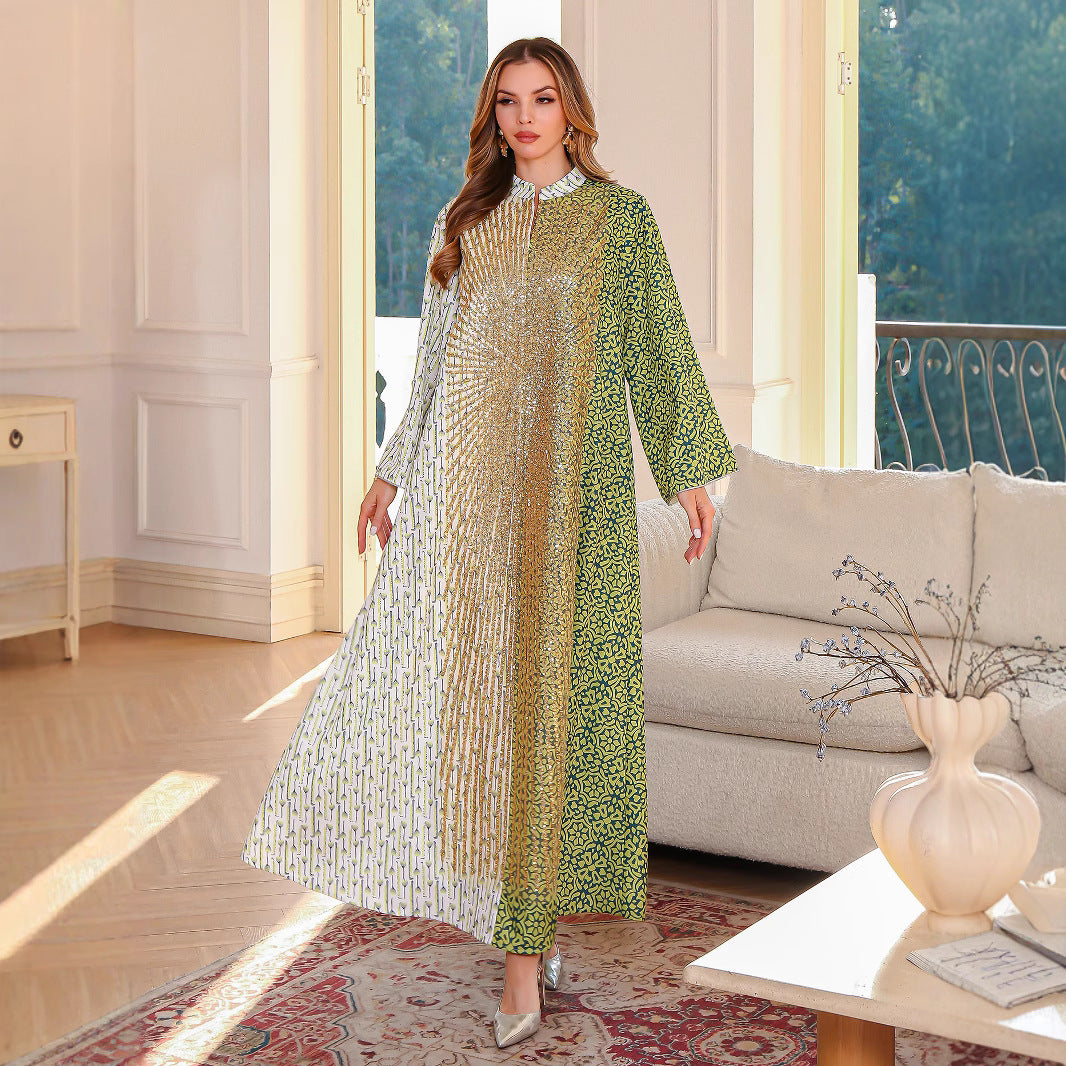 Summer Muslim Spliced Beaded Long Robe Middle Eastern Dubai Abaya Printed Maxi Dress - Classyfashion24.com