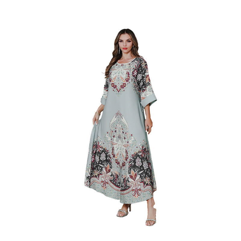 Muslim Printed Diamond-Embedded Dress Elegant Long Robe for Middle Eastern Women - Classyfashion24.com